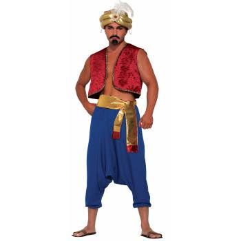 a man wearing a red and gold costume standing with his hands on his hips,