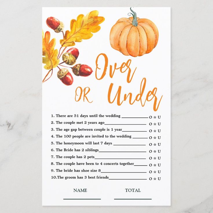 an autumn wedding game with pumpkins and leaves on the front, over or under