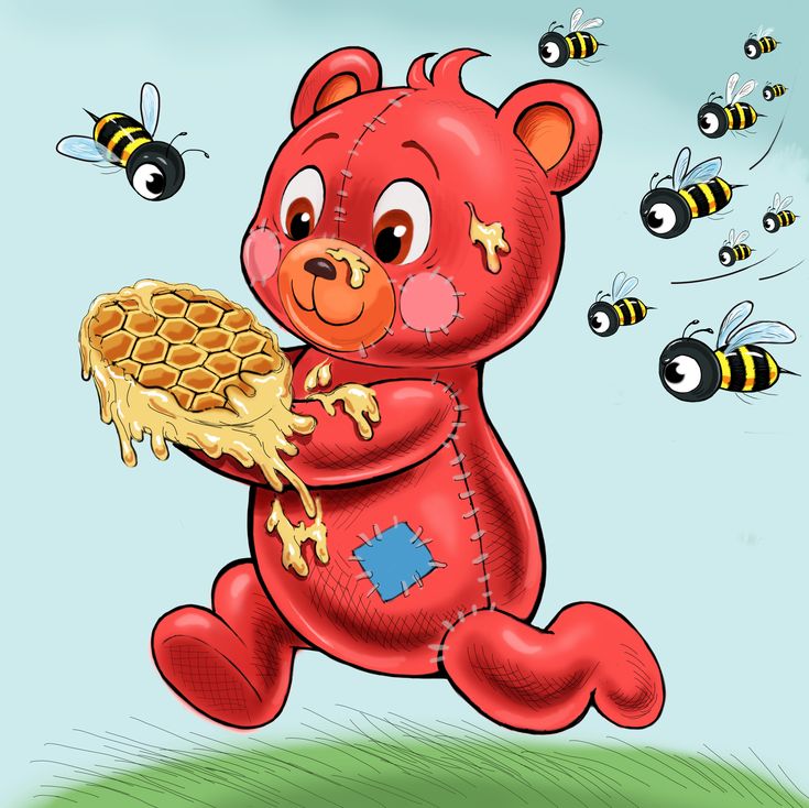 a red teddy bear with honey in his hand and bees flying around him, on a blue sky background