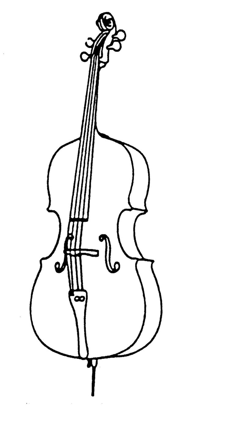 a black and white drawing of a cello on a white background with the strings down