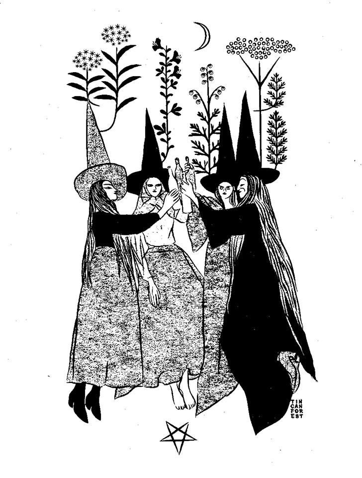 three witches are dancing together in black and white, with stars on the top of their heads