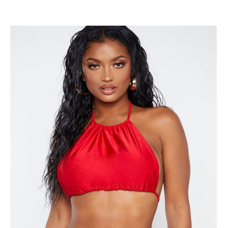 Pretty Little Thing Red High Neck Bikini Top Size 8 Top Only Flirty Halter Neck Crop Top For The Beach, Chic Red Halter Top For Beach, Chic Red Halter Top For Night Out, Chic Red Crop Top For Club, Triangle Halter Top For Party, Red Halter Top For Summer Parties, Red Summer Crop Top For Club, Red Crop Top For Summer Clubbing, Solid Halter Neck Swimwear For Party