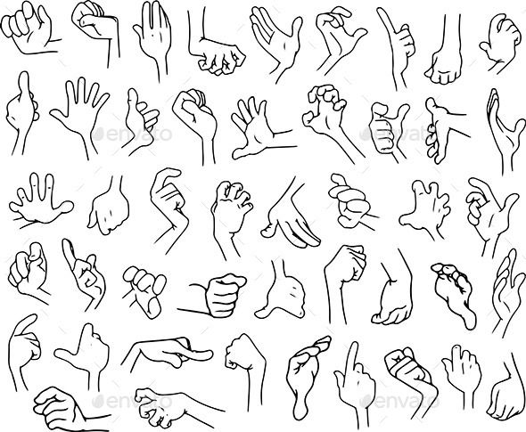 hand gestures drawn in black and white on a white background with clippings to the left