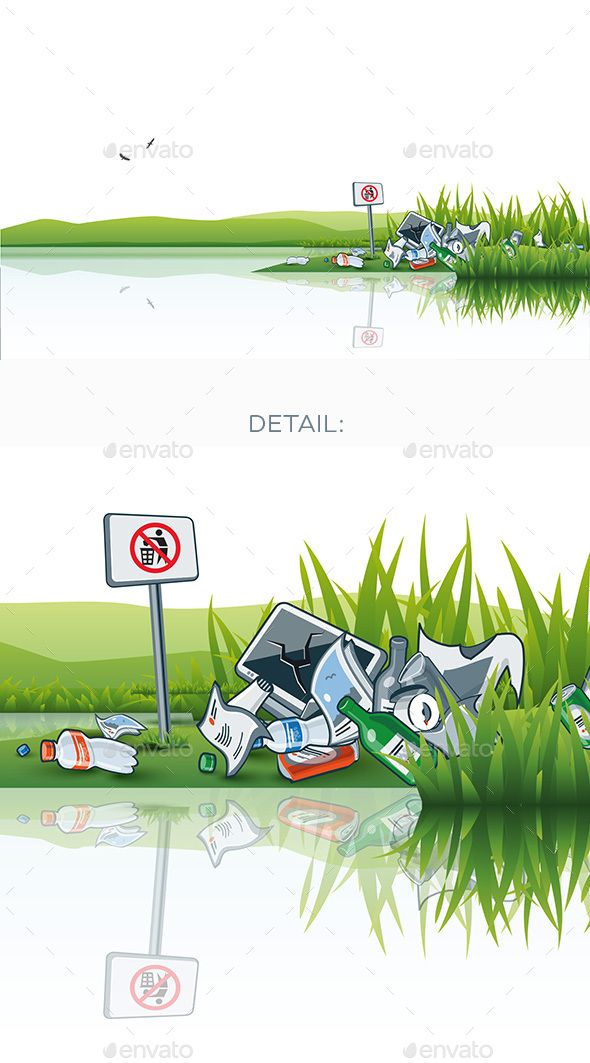 two different views of trash on the ground and in the water - miscellaneous objects illustrations