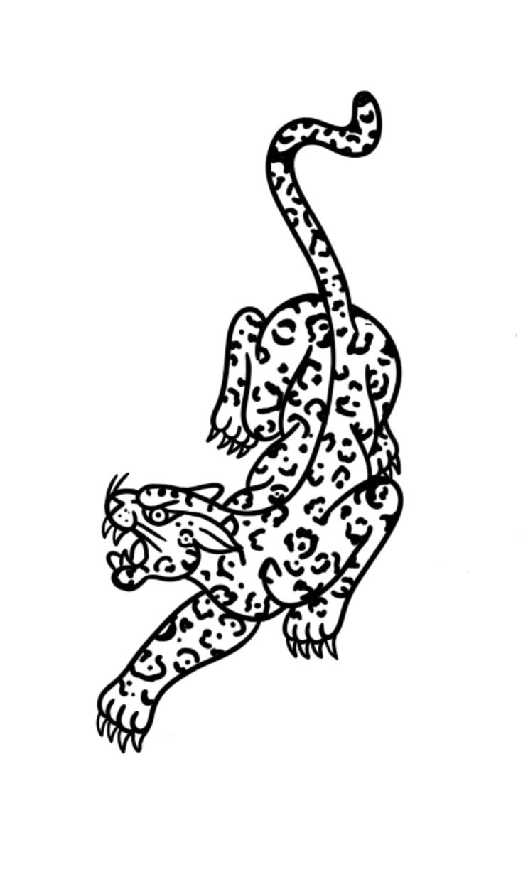 a black and white drawing of a cheetah in the middle of it's body