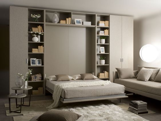 a living room with a bed, couch and bookcase