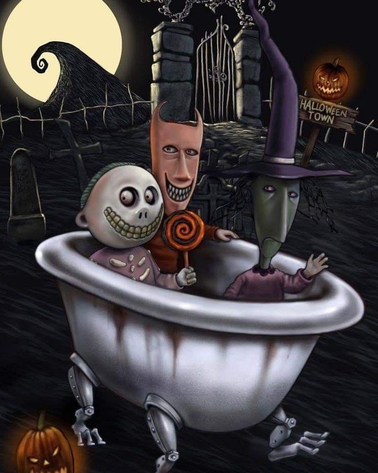 an image of two people in a bathtub with halloween decorations on the walls and floor