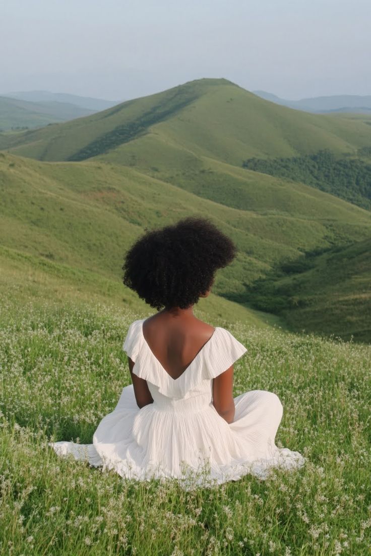 a woman sitting on top of a lush green field next to a hill covered in grass