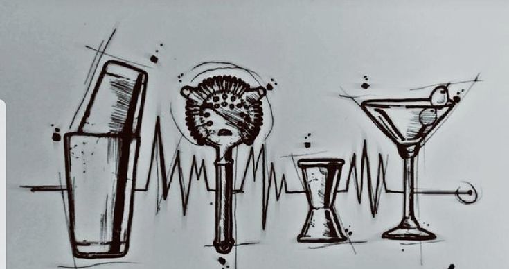 an ink drawing of three cocktail glasses and one with a hedgehog on the side