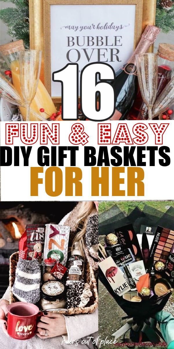 a collage of photos with the words fun and easy diy gift baskets for her