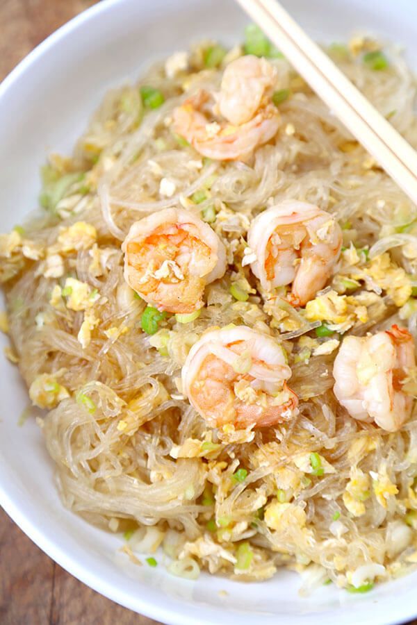 shrimp and rice noodle stir fry with chopsticks