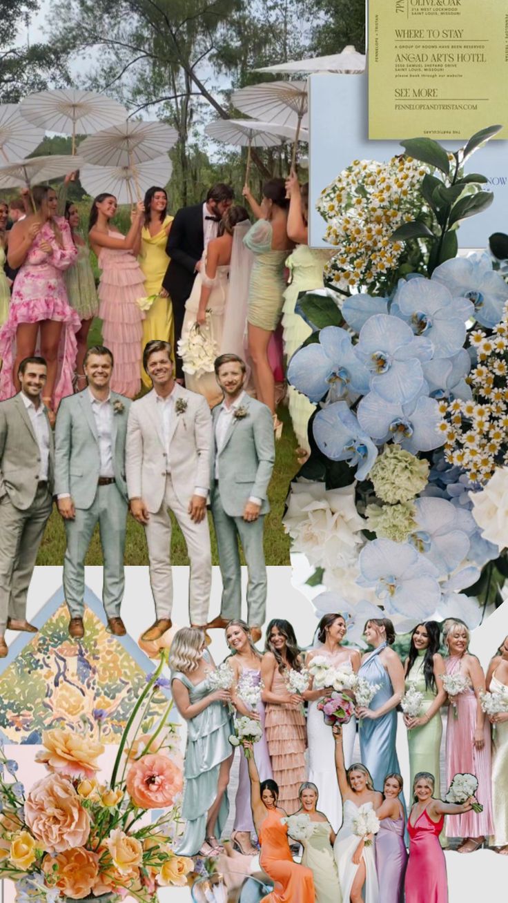 a collage of people dressed up in formal wear and flower bouquets are shown