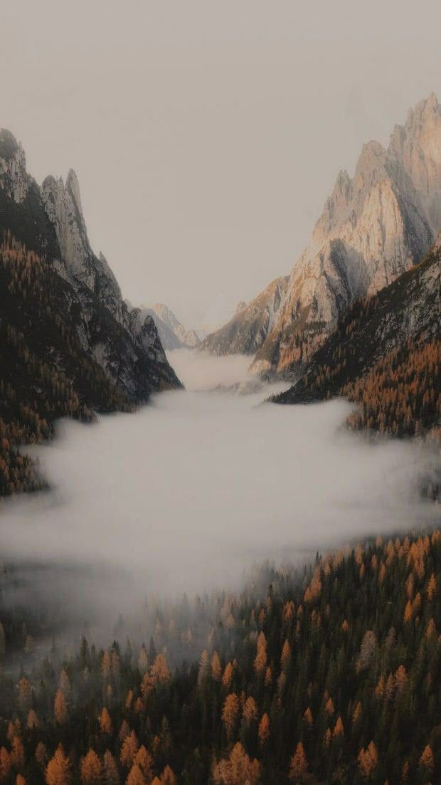 the mountains are covered in fog and low lying clouds as they rise into the sky