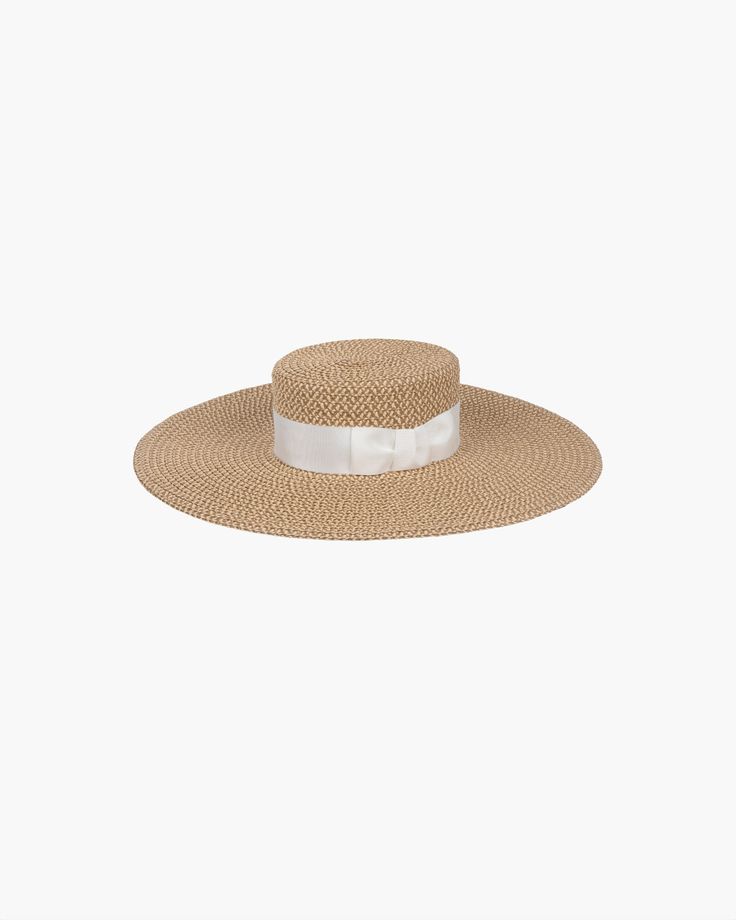 Bey Peanut/White Eric Javits Ultraviolet Radiation, Gold Sand, Boater Hat, Natural Gold, Hats For Sale, Wide Brimmed, Straw Hat, Grosgrain Ribbon, Recycled Plastic