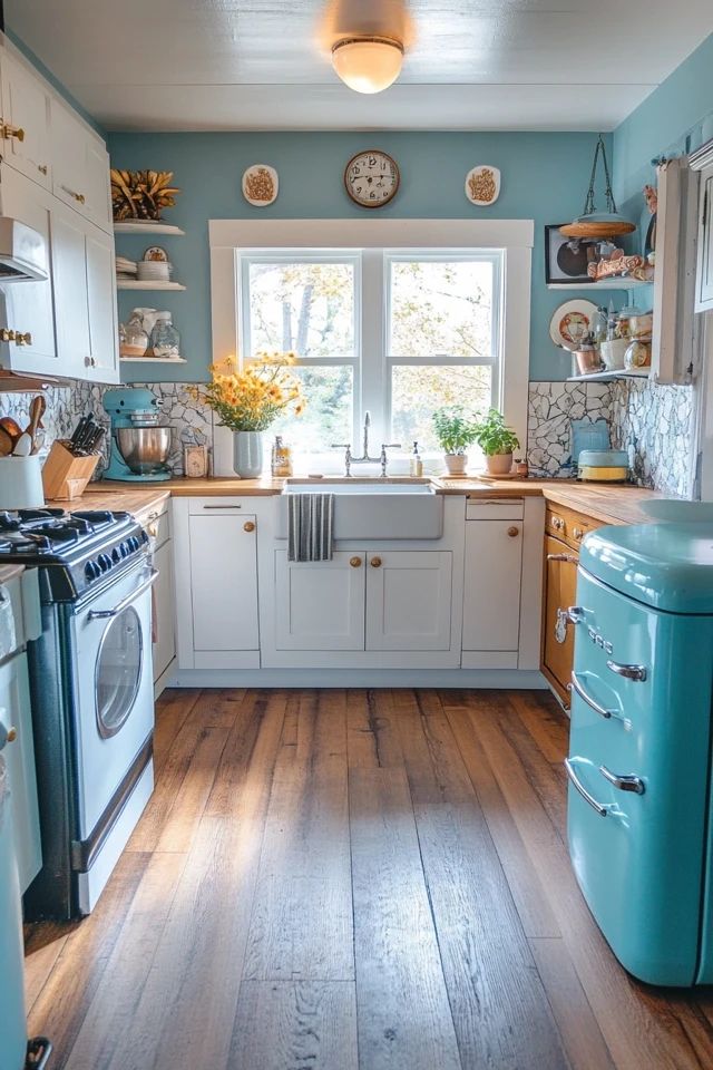 a kitchen with wooden floors and white cabinets, blue appliances, and wood flooring