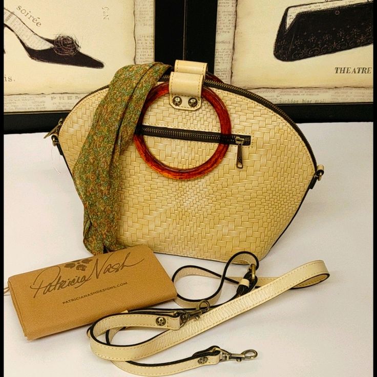 New Patricia Nash Medium Size Measurements:Approx. 14"L X 4.25"W X 9.75"H With 5" Handle Drop And 24" To 26" Strap Drop. Leather Purse Ivory Straw For Summer Free Scarf Included Removable Crossbody Strap Included. Patricia Nash Protective Outer Bag Included. Elegant Woven Leather Crossbody Straw Bag, Natural Woven Leather Crossbody Straw Bag, Leather-handled Straw Satchel Bag, Brown Rattan Straw Bag With Woven Leather Details, Basket-shaped Rattan Shoulder Bag With Woven Leather, Free Scarf, Ivory Color, Leather Purse, Crossbody Strap