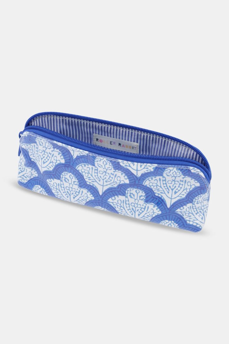 With motifs that are feminine and understated, it's no wonder the Jemina print is a classic in our Core collection. If you have a passion for travel, this makeup bag is the perfect companion on all of your journeys. Materials and Care 100% Cotton Canvas with Protective Poly Coating Water-Resistant Wipe Clean Imported Measurement Information Small: 8" W, 4.75" H, 2.5" D Large: 10.5" W x 6.25" H, 3.25" D Roller Rabbit Pencil Pouch, Cute Makeup Bags Travel, Roller Rabbit Pouch, Blue Pouch Cosmetic Bag For On-the-go, Versatile Blue Cosmetic Bag, Blue Pouch Cosmetic Bag For Daily Use, Versatile Blue Pouch Cosmetic Bag, Blue Rectangular Cosmetic Bag For Daily Use, Blue Portable Pouch Cosmetic Bag