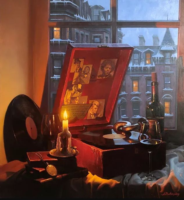 a painting of an old record player in front of a window