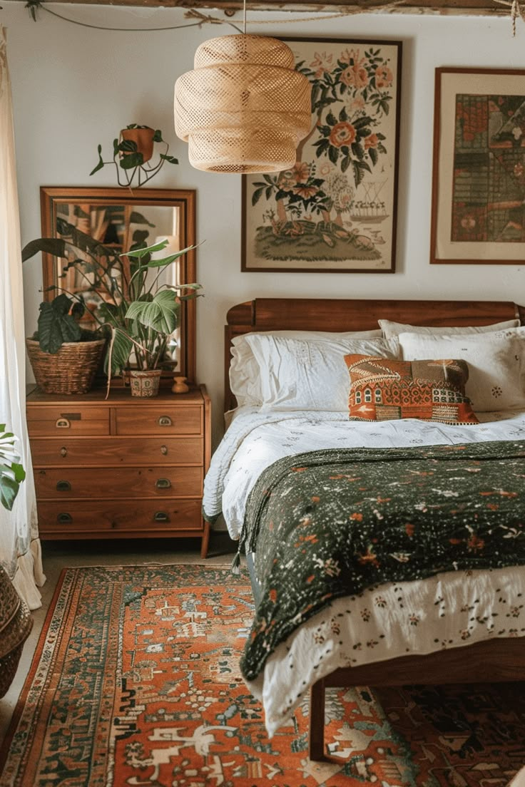 a bed room with a neatly made bed and lots of pictures on the wall above it