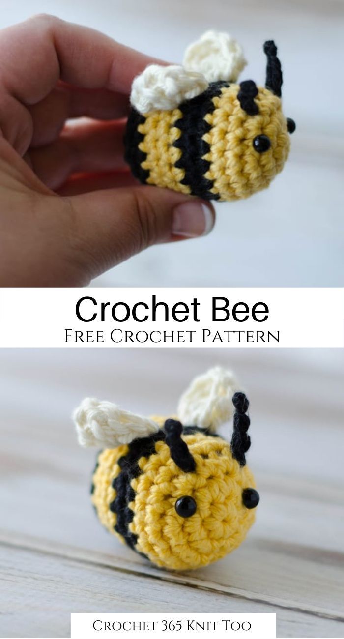 a crocheted bee is shown in two different pictures