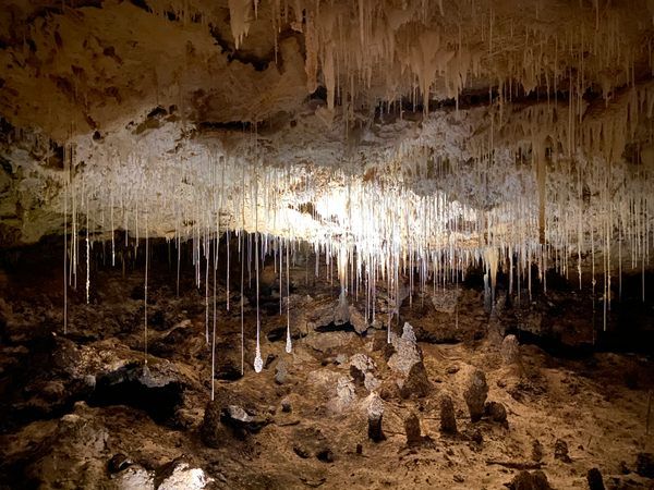 the inside of a cave with icicles hanging from it