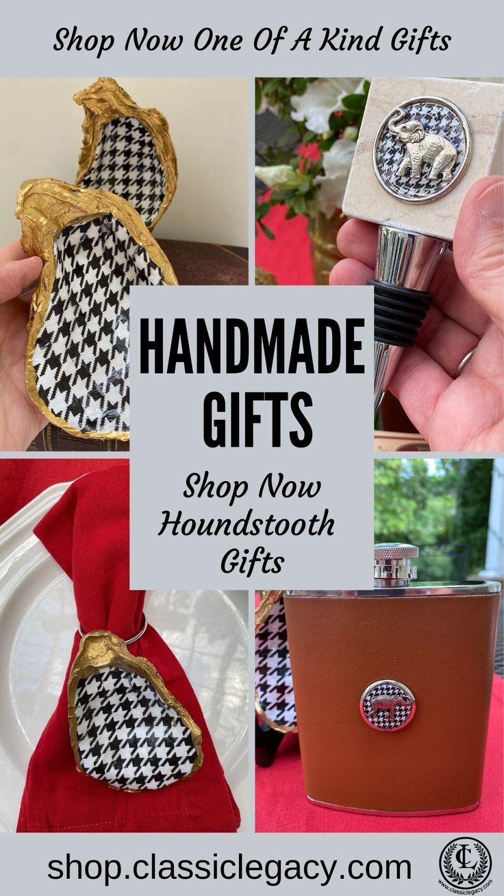 The Classic Legacy handmade gifts include the houndstooth collection which include gifts and jewelry.  Items include our handcrafted oyster shell dish, earrings, wine bottle stoppers, and desk accessories.   Some of the hounds tooth gifts have a small silver elephant embedded on the black and white design. Leather Flask, Wine Carrier, Small Elephant, Leather Money Clips, Silver Elephant, Hounds Tooth, Silver Elephants, Wine Bottle Stoppers, Elephant Charm