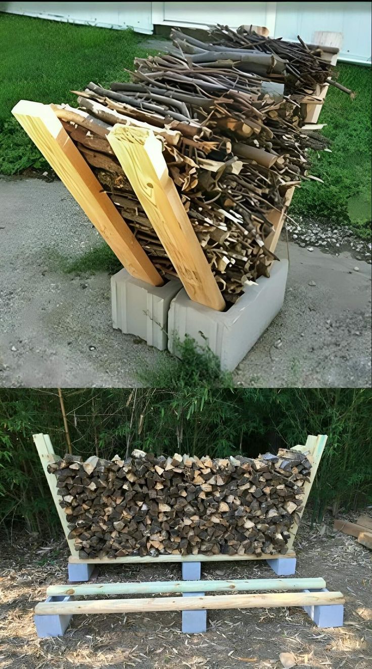 there are many different types of firewood stacked on top of each other in this photo