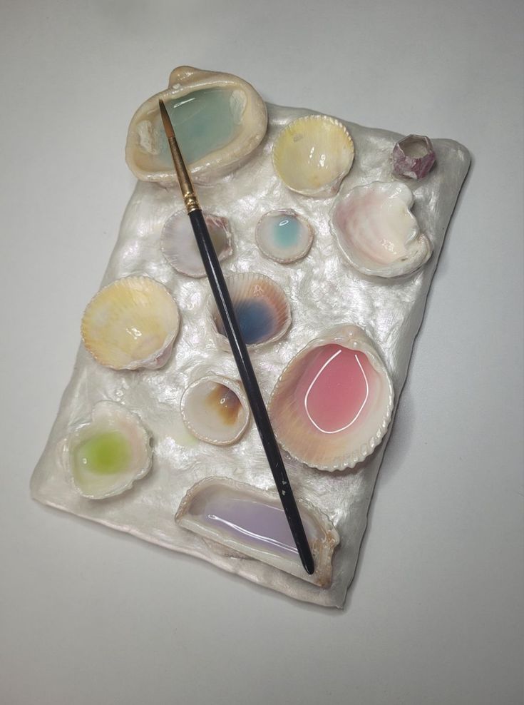 an assortment of seashells and a paintbrush on a white surface with water