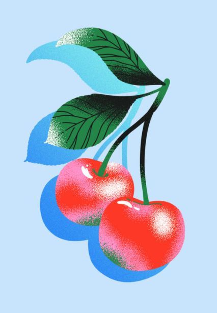 two cherries on a blue background with green leafy stems and one red cherry