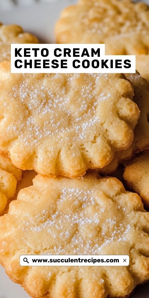 some cookies are stacked on top of each other with the words keto cream cheese cookies above them