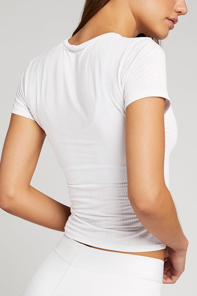 Whipped Baby Tee in White | Women's Tops in White - Negative Underwear Trendy Fitted Cropped T-shirt For Loungewear, Casual Fitted Cropped T-shirt For Loungewear, Athleisure Scoop Neck Top For Layering, Spring Athleisure Top, Ribbed Stretch Cropped T-shirt, Cropped Ribbed T-shirt With Stretch, Cropped Ribbed Stretch T-shirt, Sporty Fitted Ribbed T-shirt, Ribbed Crew Neck Athleisure Top