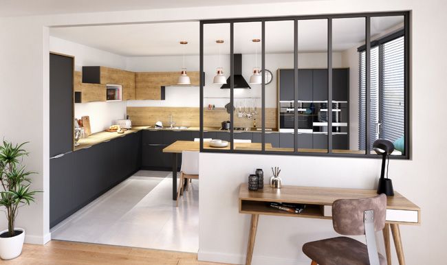 the interior of a modern kitchen with wood and metal accents, including an island table