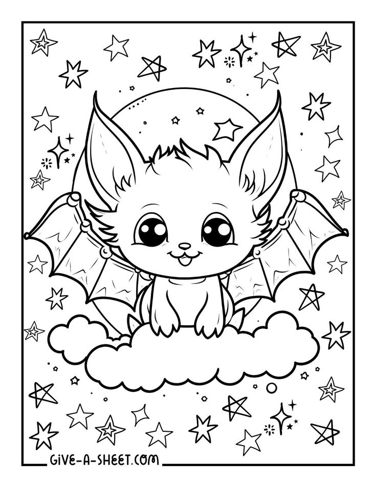 a cute little cat sitting on top of a cloud in the sky with stars around it