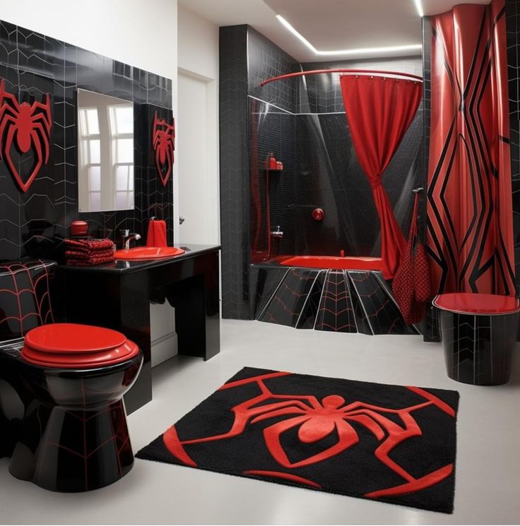 a bathroom decorated in black and red with a spiderman rug