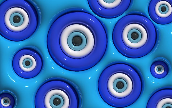 an abstract blue and white background with many circular objects in the shape of eyeballs