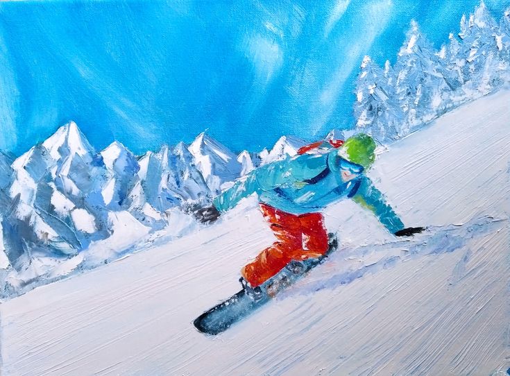 a painting of a snowboarder going down a snowy hill with mountains in the background