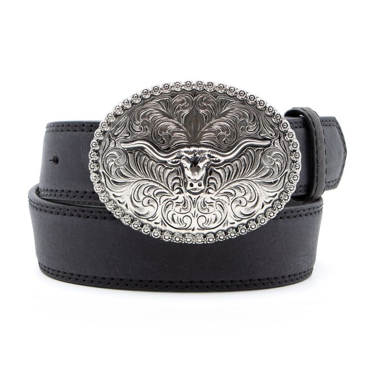 Product Details: Kids’ belt Three-dimensional longhorn berry edge plaque buckle Black or Brown Belt width: 1 1/4" 100% full-grain leather Buckle finish: Antique silver Belt Buckle Belts, Classic Concho Belt Buckles For Rodeo, Western Black Belt Buckles With Silver Buckle, Western Black Belt Buckles With Silver Detail, Black Western Belt Buckles With Silver Buckle, Western Style Black Belt For Western-themed Events, Western Style Black Belt For Ranch, Western Black Belt Buckles For Rodeo, Engraved Western Belt Buckles For Western-themed Events