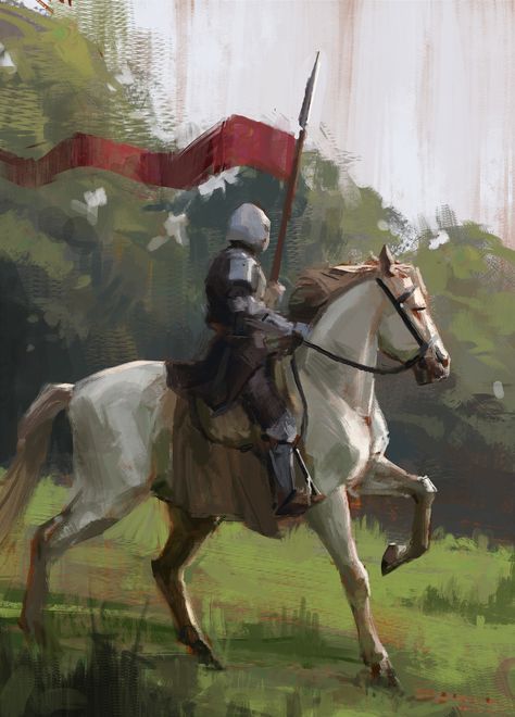 a man riding on the back of a white horse next to a red and white flag