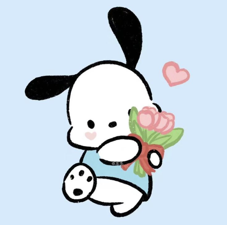 a drawing of a rabbit holding a bouquet of flowers