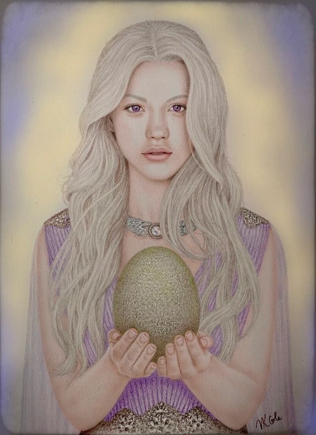 a drawing of a woman holding a ball in her hands with long blonde hair and blue eyes