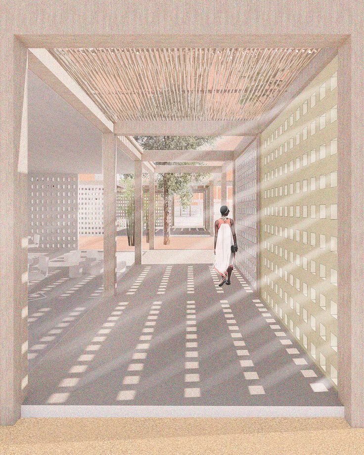 an artist's rendering of a person walking down a hallway with geometric patterns on the walls