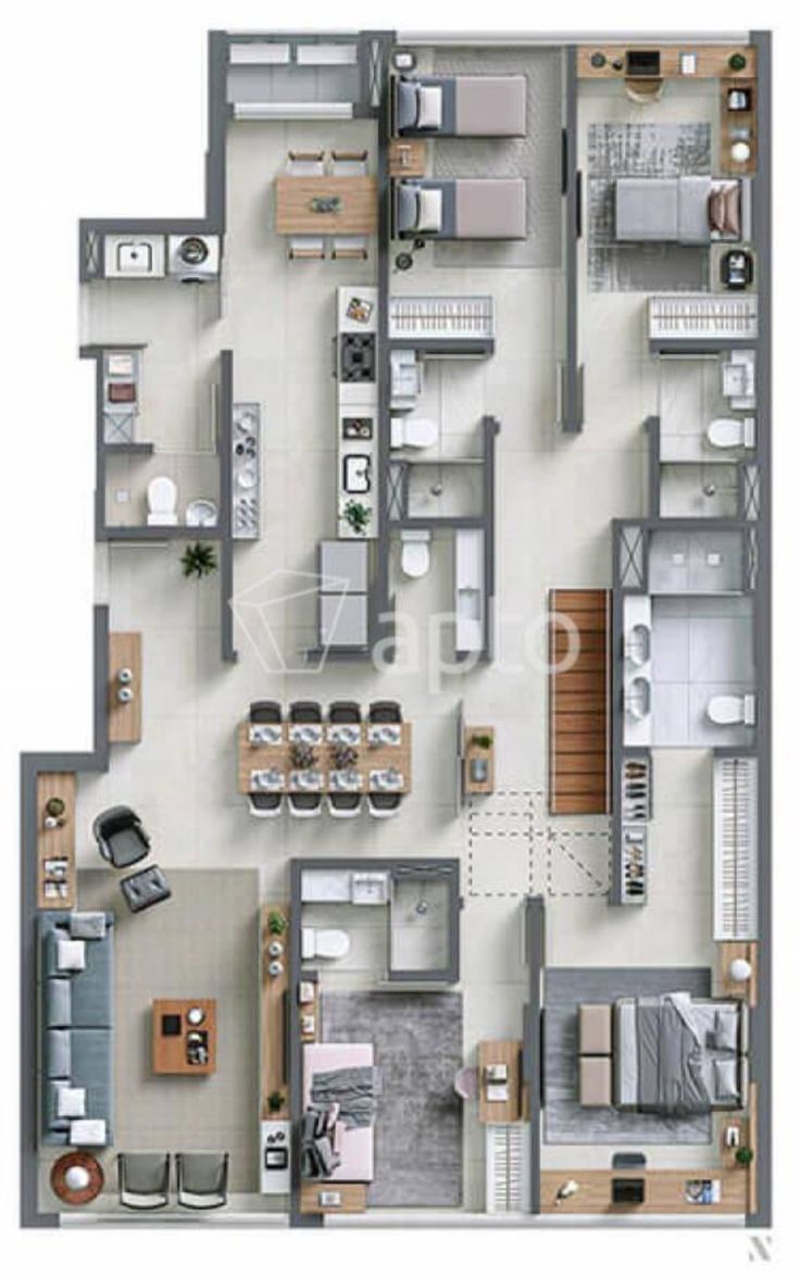 two bedroom apartment floor plan with kitchen and living room in the middle, dining area