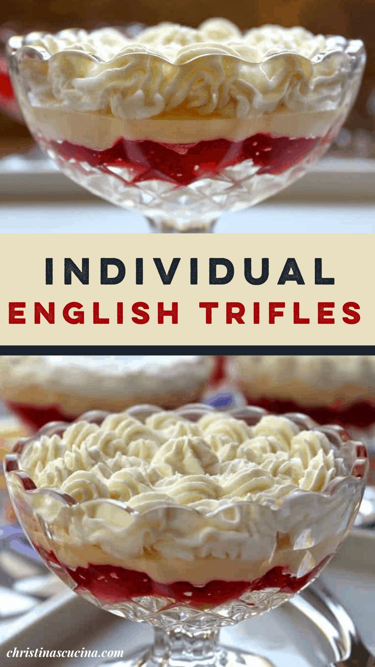 individual english trifles in glass bowls with strawberries and whipped cream on top