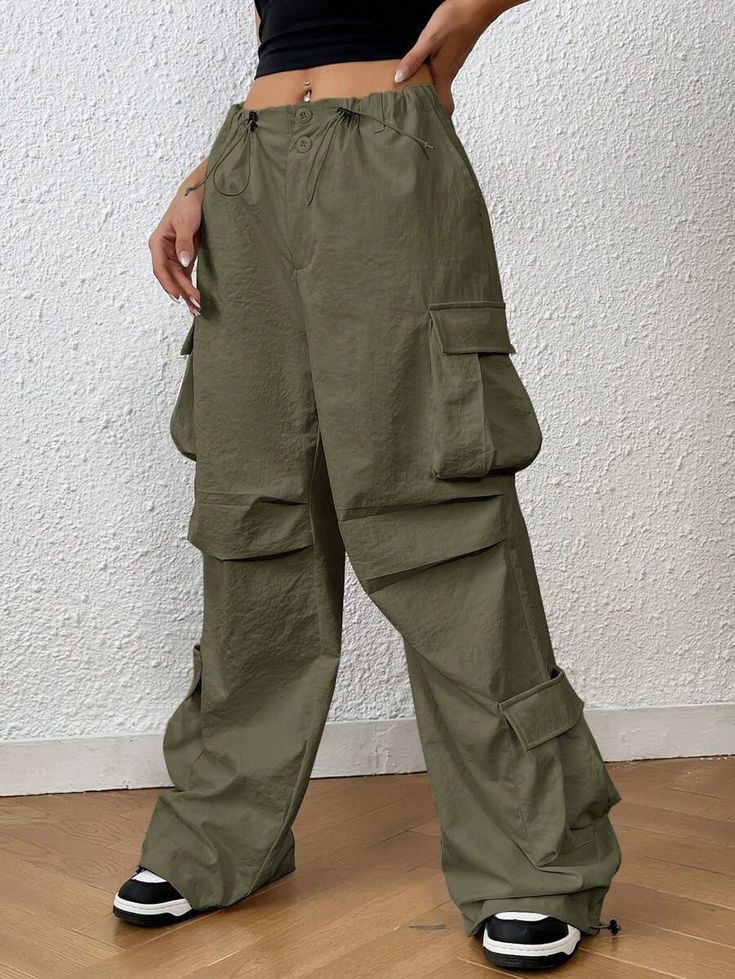 Whether you're trekking in the wilderness or just roaming through your neighborhood, you'll love the style and sheer convenience of these Trendy Solid Flap Side Pocket Cargo Pants! They feature a drawstring waist and pockets galore, with a polyester fabric that's perfect for any casual occasion. Time to turn up your fashion-savvy, adventurer. Specifications: Type: Cargo Pants Closure Type: Drawstring Waist Details: Drawstring, Pocket Waist Line: Natural Length: Long Fit Type: Regular Fit Fabric: Relaxed Fit Hiking Pants With Pockets, Utility Hiking Pants With Cargo Pockets, Relaxed Fit Cargo Pants With Multiple Pockets For Hiking, Relaxed Fit Cargo Pants For Hiking With Multiple Pockets, Green Bottoms With Elastic Waistband For Outdoor, Green Outdoor Bottoms With Elastic Waistband, Hiking Cargo Pants With Multiple Pockets And Relaxed Fit, Nylon Hiking Bottoms With Cargo Pockets, Green Wide Leg Nylon Cargo Pants