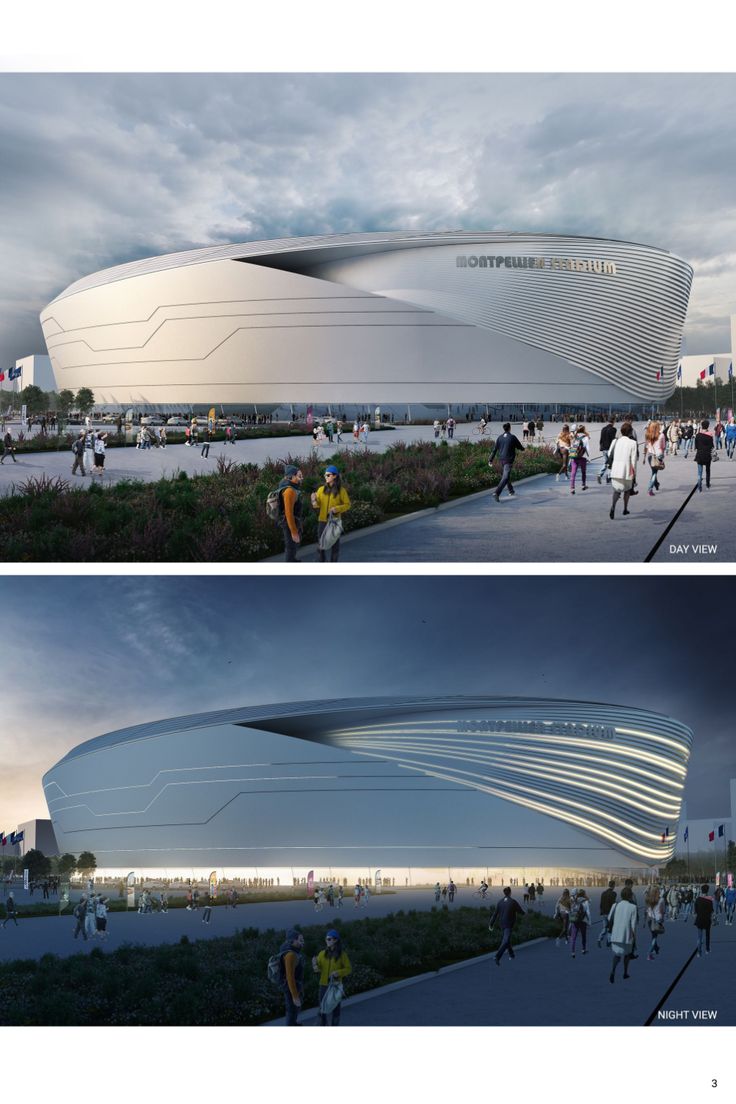 two photographs of people walking around in front of a large white building with curved roof