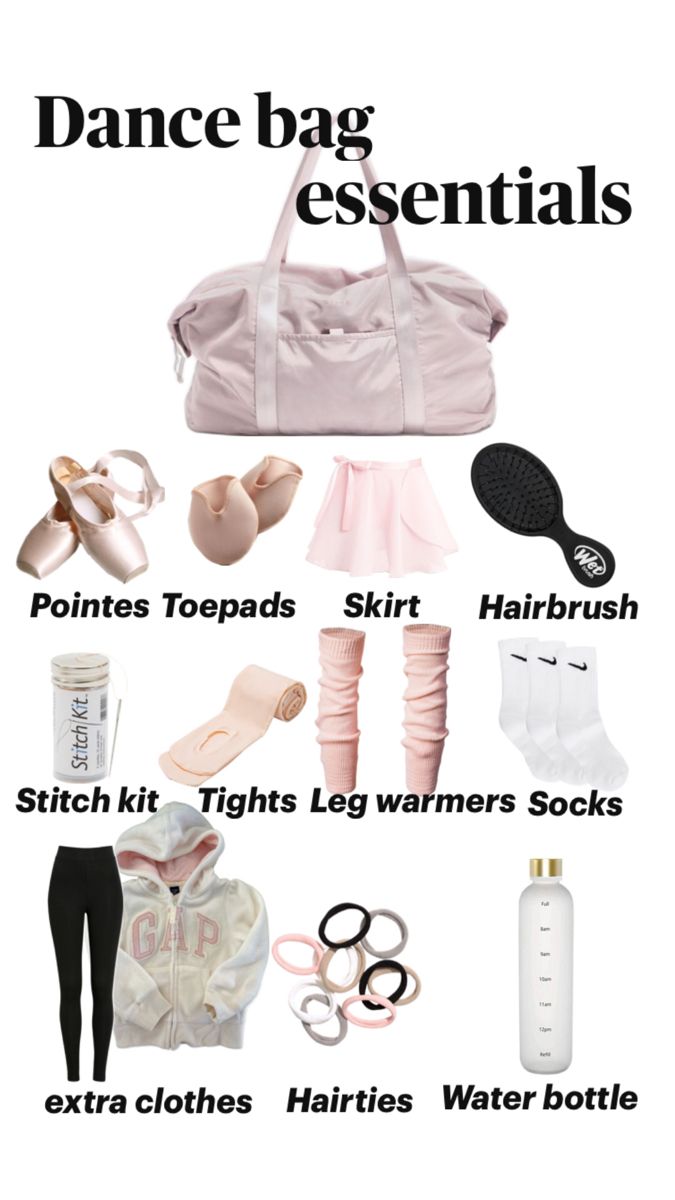 the dance bag essentials list is shown in black and white, including ballet shoes, tight