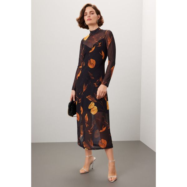 Black floral mesh (94% Polyester, 6% Elastane). A-line. Long sleeves. Mock neck. Back button closure. 45" from shoulder to hemline. Imported. Rent The Runway, Closet Designs, Dark Floral, Edgy Look, Leather Moto, Leather Moto Jacket, Home Free, Moto Jacket, All Saints