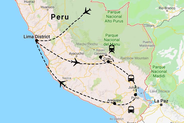 the route map for peru with several destinations