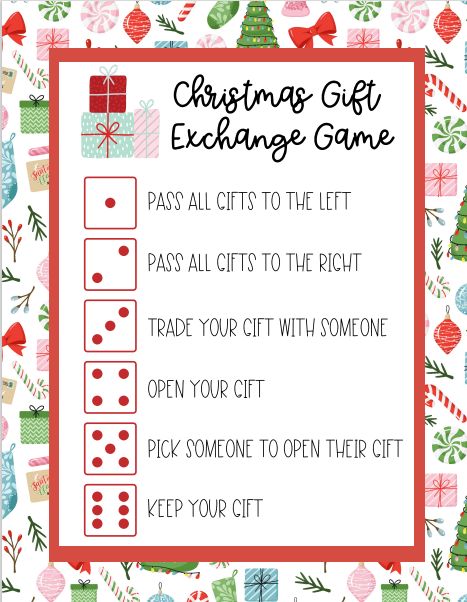 a christmas gift exchange game with lots of presents on it and the words,'christmas gift exchange game pass all gifts to the left pass all gifts to the right