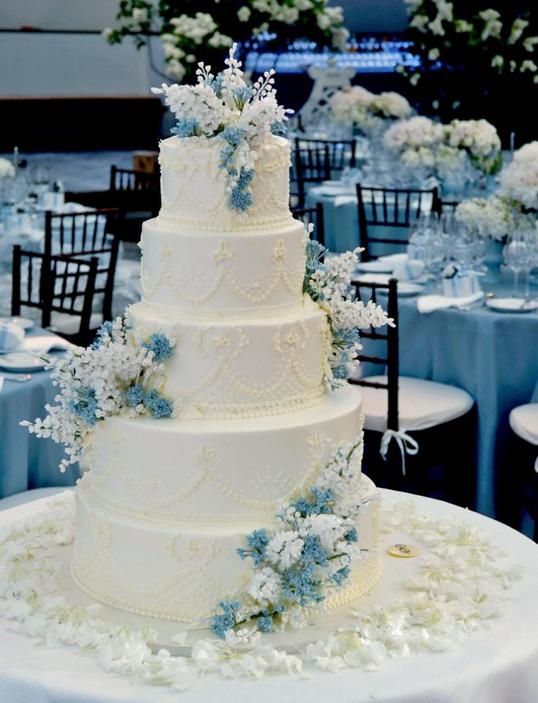 a blue and white wedding theme with cupcakes, cake, high heel shoes